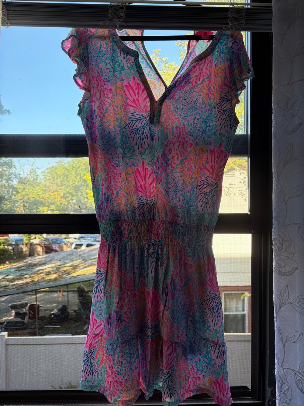 Lilly Pulitzer Pink Aqua Multi-Print Ruffle Sleeve Romper